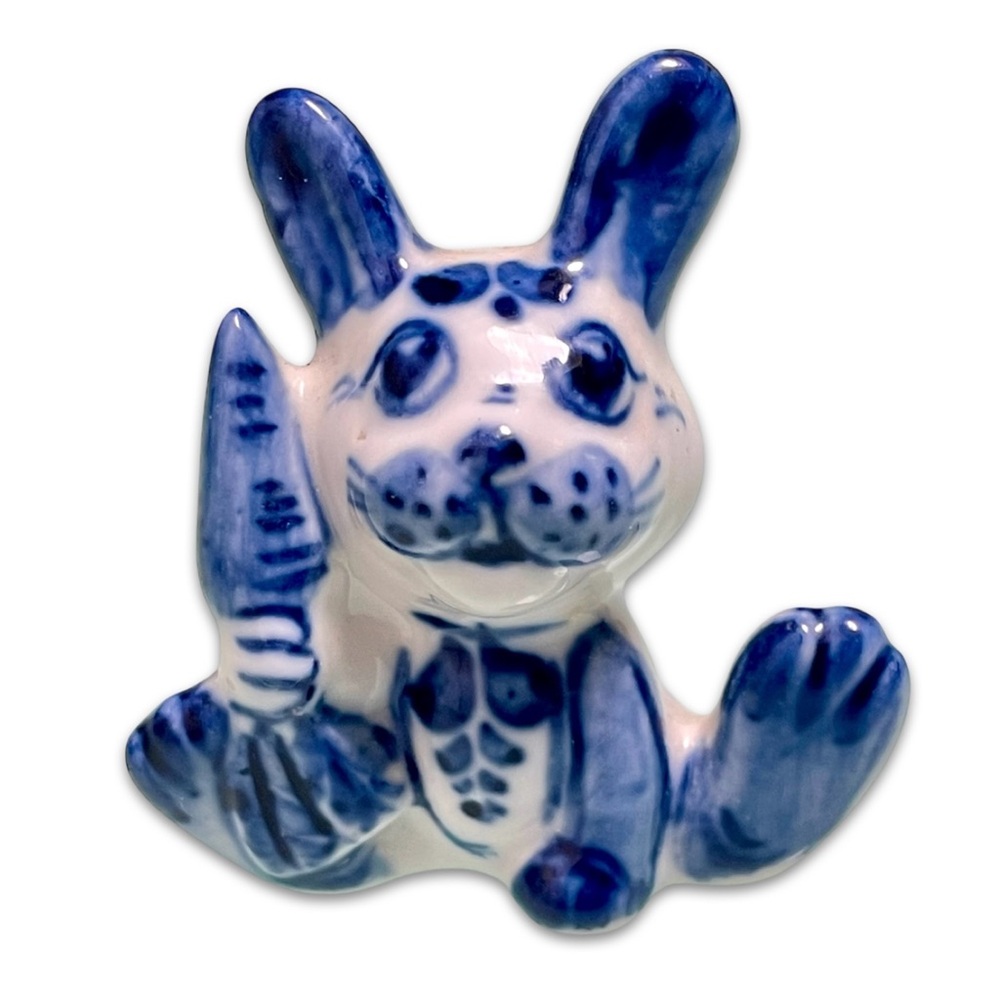 Antique Gzhel Handmade Blue White Ceramic Bunny carrot mini Figurine collactable